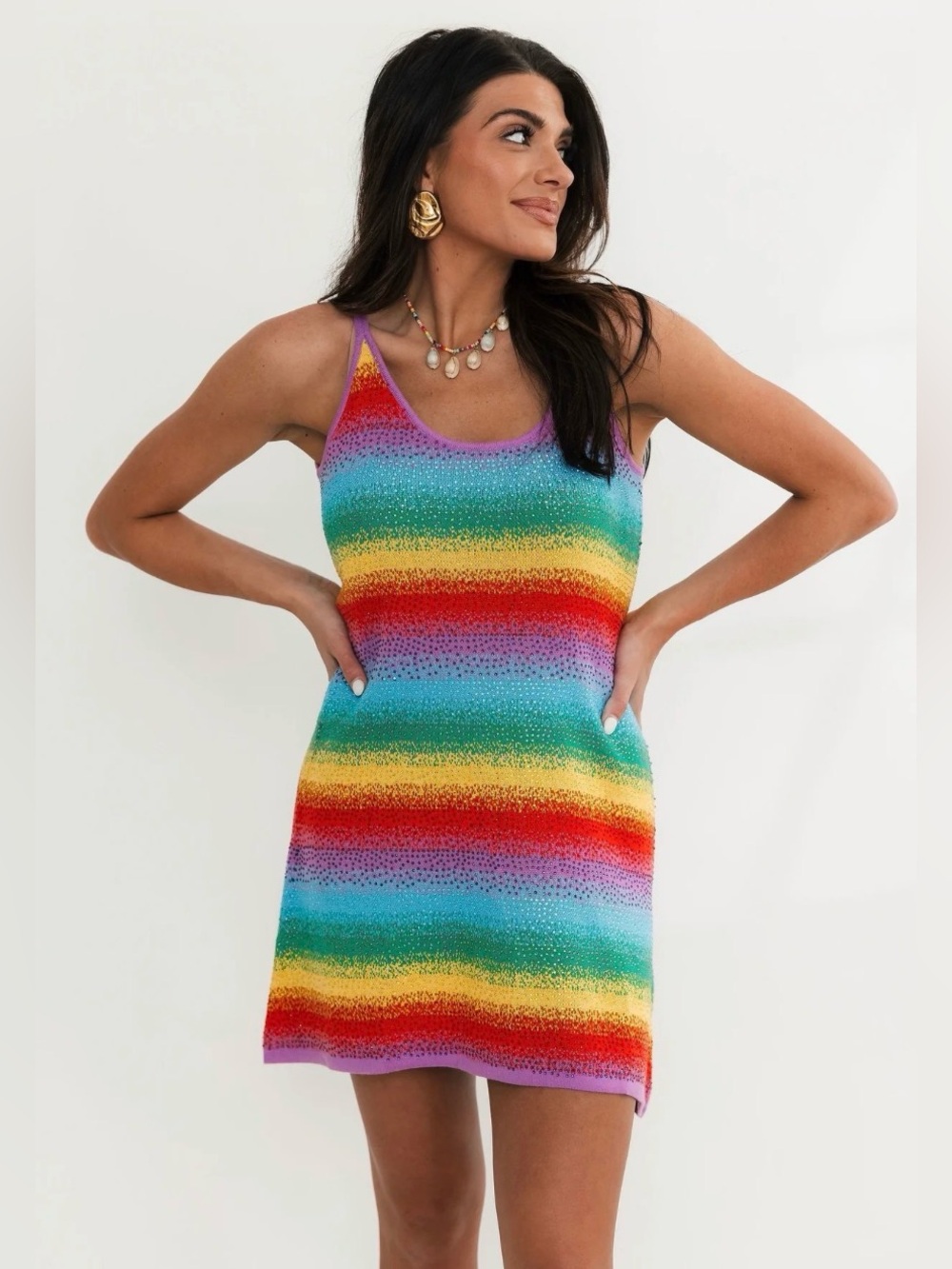 Queen of Sparkles Rainbow Striped Knit Tank Dress